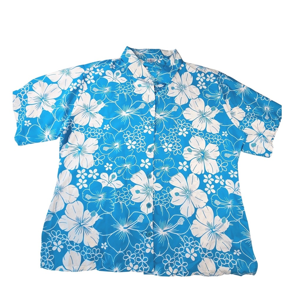 La Leela Womens 2XL Blue White Hibiscus Floral Short Sleeve Button Down Shirt